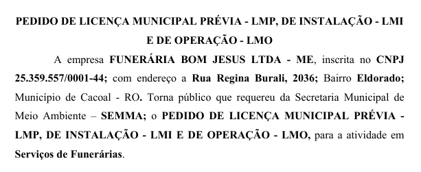 PEDIDO DE LICENÇA MUNICIPAL LMP LMI LMO FUNERARARIA BOM JESUS LTDA ME