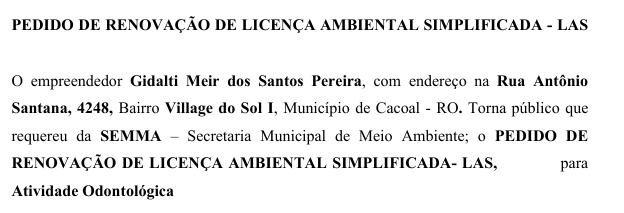 PEDIOD DE RENOVAÇÃO DE LICANÇA AMBIENTAL SIMPLIFICADA LAZ GIDALTI MEIR